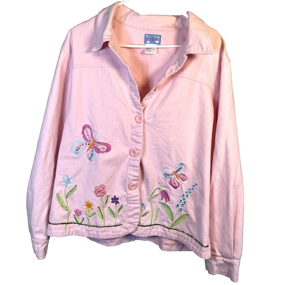 Women's 90's Embroidered Pink Jean Jacket XL Button Up Spring Beaded Sequins